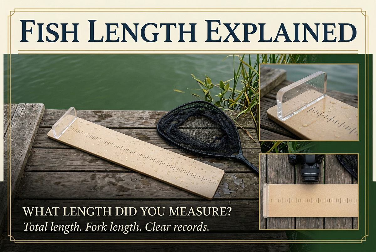 Empty fish measuring board, landing net and camera on a lakeside dock, with the heading Fish Length Explained.