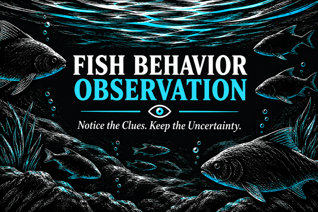 Fish Behavior Observation English cover with conceptual fish, bubbles and water reflections in black-and-white scratchboard style with cyan accents.