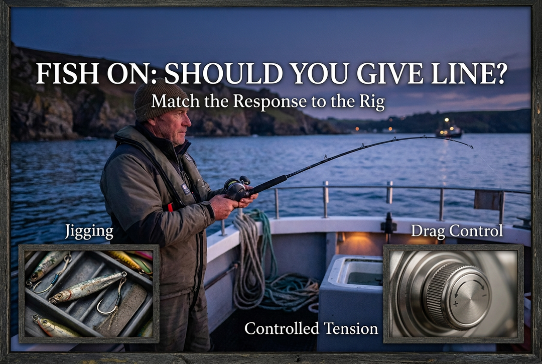Angler on a boat at dusk with jig and reel-control insets beneath the headline Fish On: Should You Give Line?
