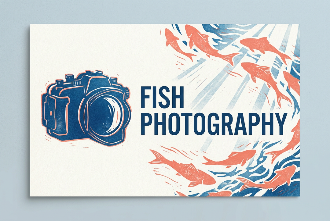 Blue and coral editorial illustration of a camera and swimming fish with the English heading Fish Photography.