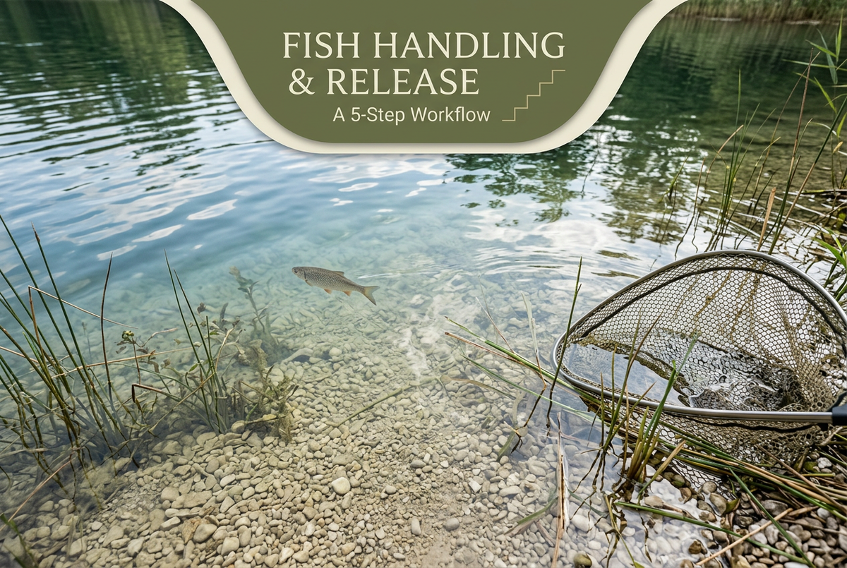 Fish Handling and Release cover showing a fish swimming in clear shallow water beside reeds and a partly submerged landing net.