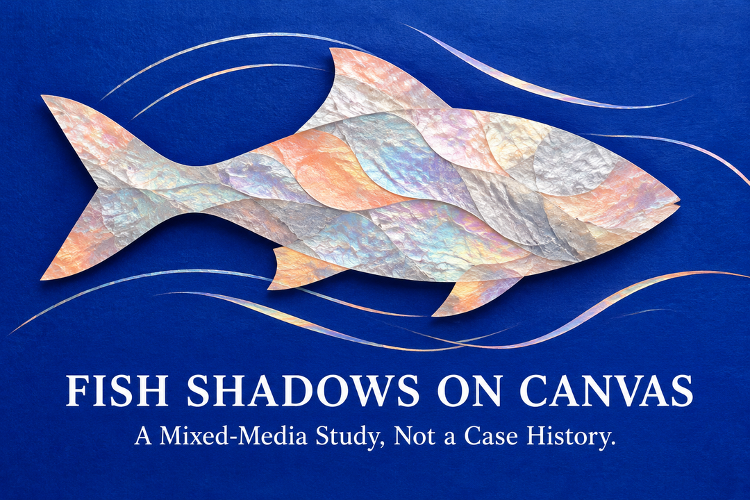 Fish Shadows on Canvas English cover with a conceptual pearlescent paper fish silhouette and curved marks against a cobalt-blue background.
