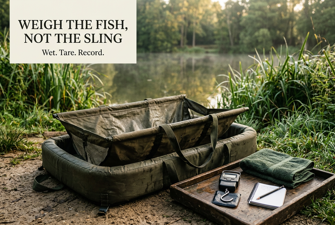 Empty fish weighing sling supported in a padded cradle beside a scale and notebook at a lake, headed Weigh the Fish, Not the Sling.
