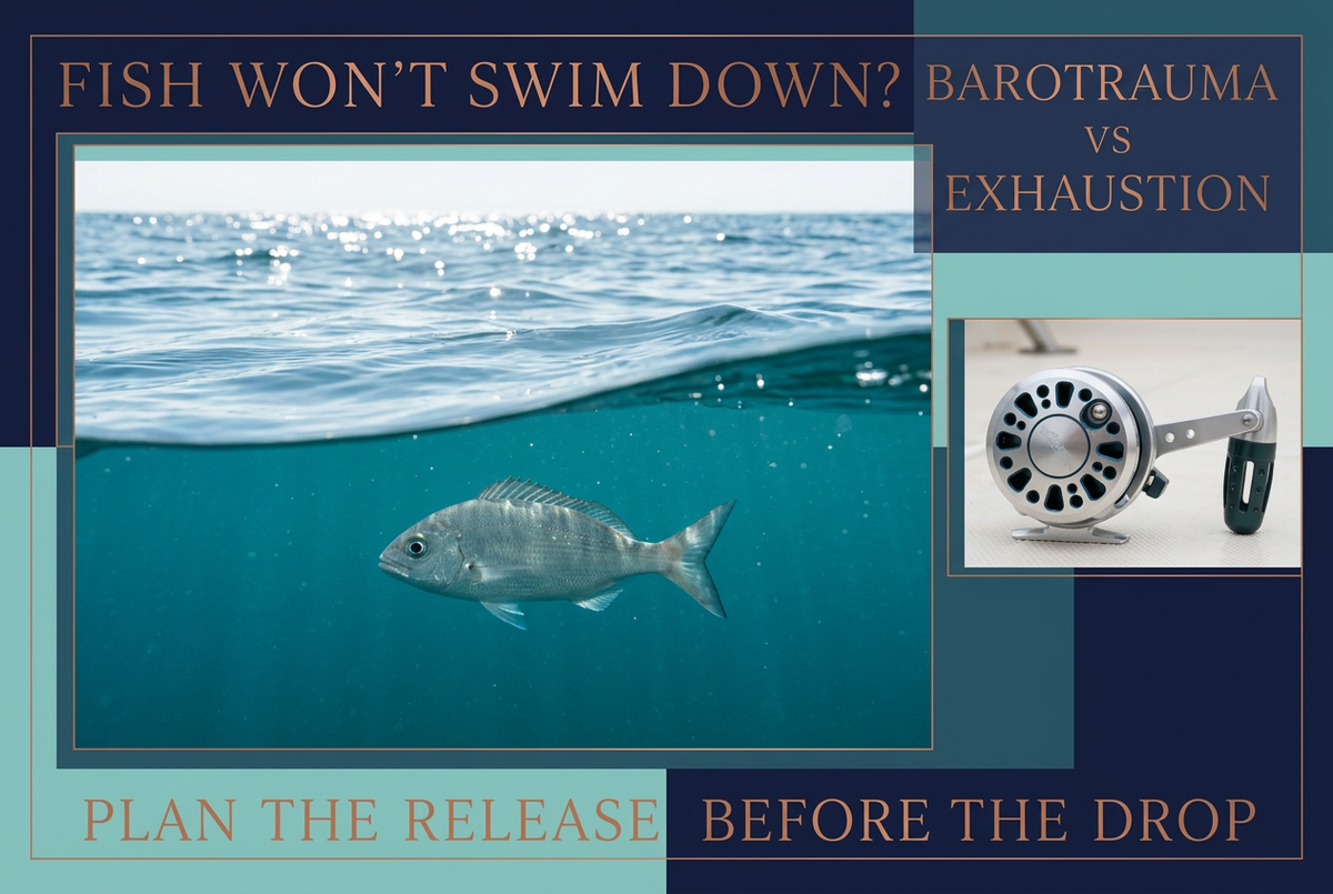 Above-and-below-water ocean scene with a silver fish and a separate jigging reel photo, titled Fish Won't Swim Down? Barotrauma vs Exhaustion.