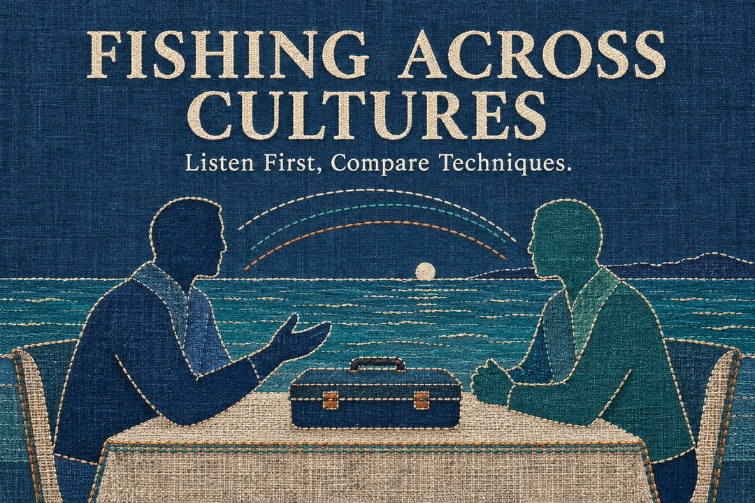 Fishing Across Cultures English cover with two abstract people talking across a tackle table in an indigo woven-textile and embroidery style.