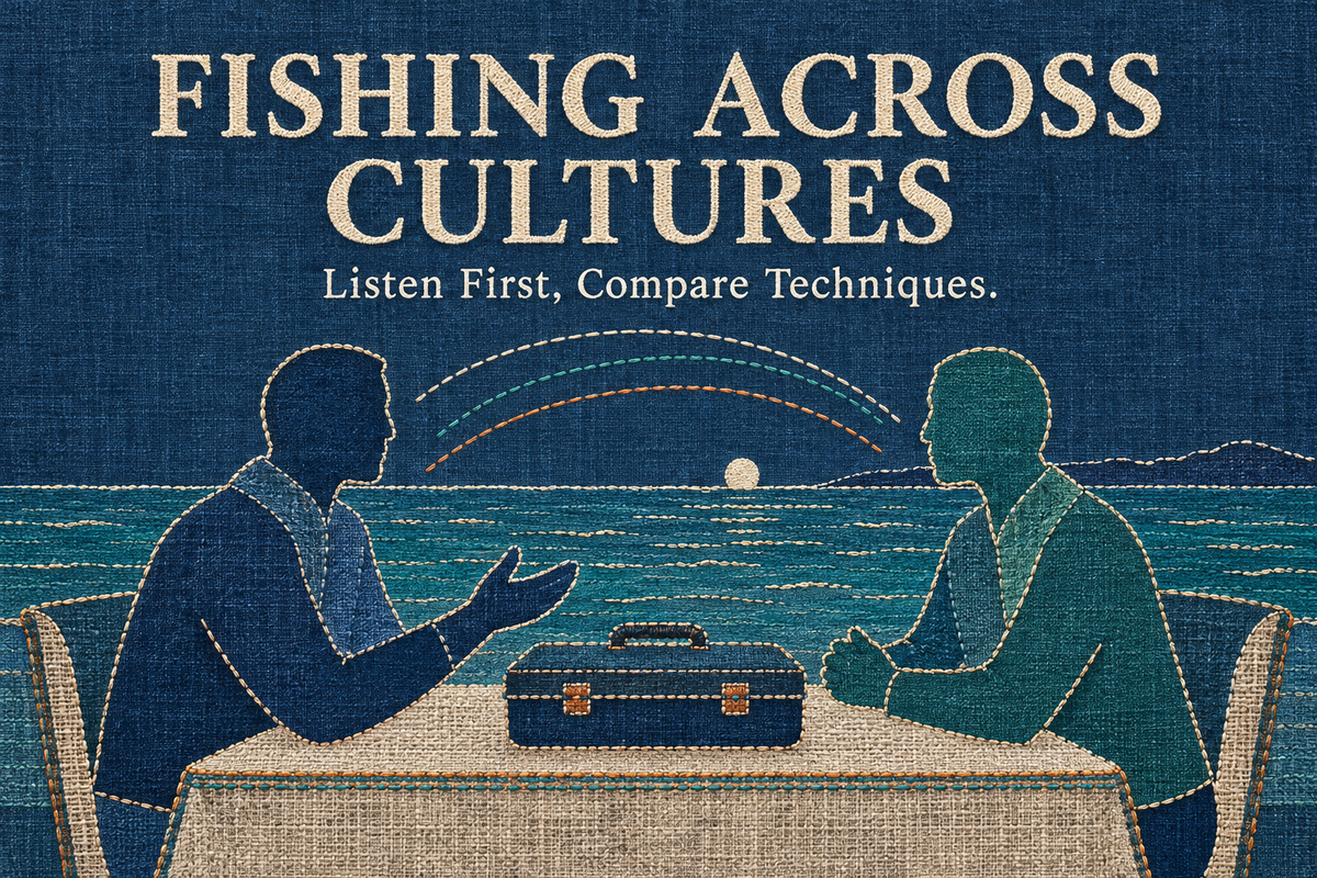 Fishing Across Cultures English cover with two abstract people talking across a tackle table in an indigo woven-textile and embroidery style.