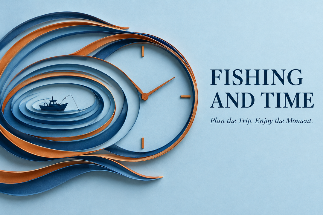 Fishing and Time cover with layered blue and copper paper ripples merging into a clock shape around a small boat silhouette.