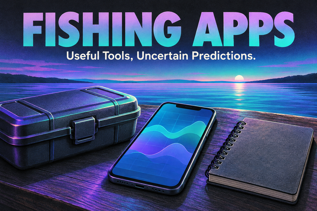 Fishing Apps English cover with a generic phone, closed tackle box and notebook in violet and turquoise, a conceptual design rather than a real app screenshot.