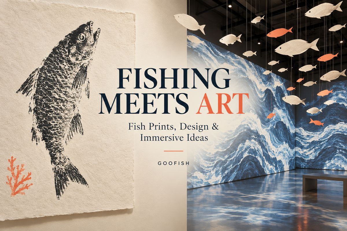 Fishing Meets Art cover combining an original fish-print-style image with a conceptual indoor projection and suspended fish silhouettes