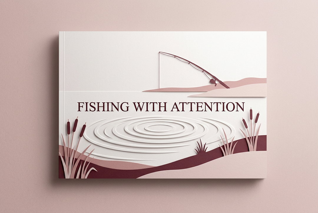 Burgundy, pink and white embossed-paper illustration of a rod beside water ripples under the heading Fishing with Attention.