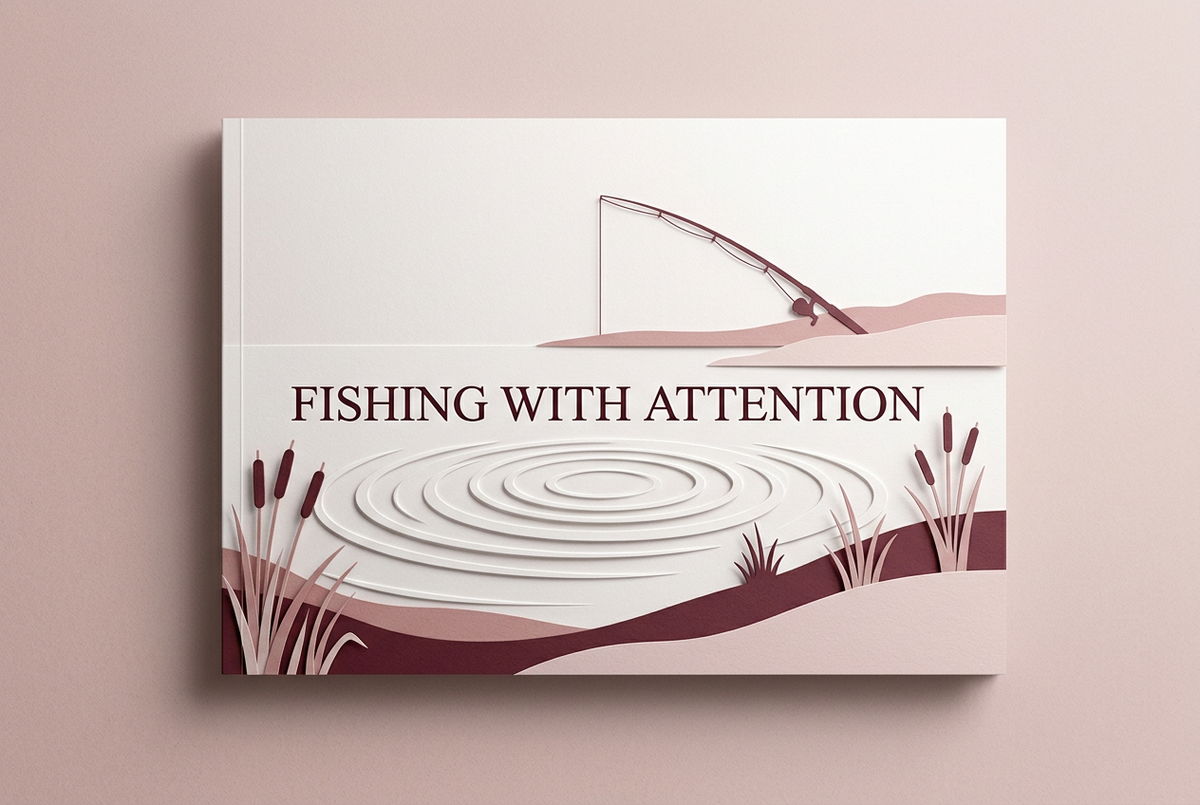 Burgundy, pink and white embossed-paper illustration of a rod beside water ripples under the heading Fishing with Attention.
