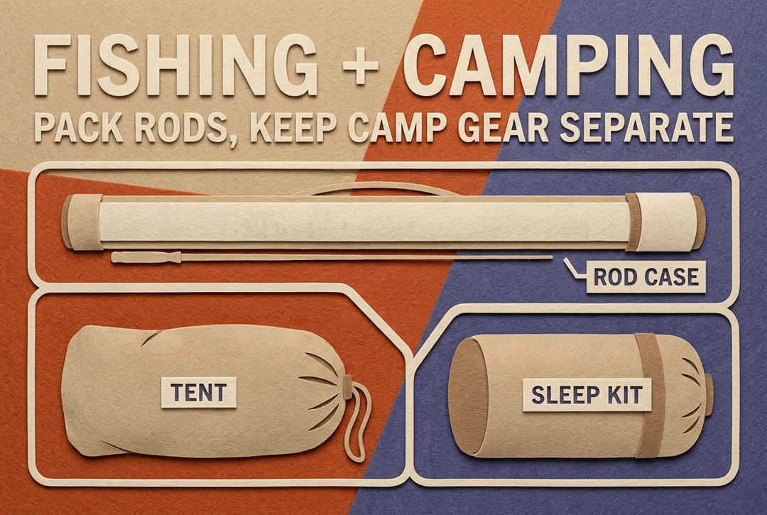 Sand, orange and indigo felt-style illustration with separate rod-case, tent and sleep-kit zones beneath Fishing + Camping: Pack Rods, Keep Camp Gear Separate.