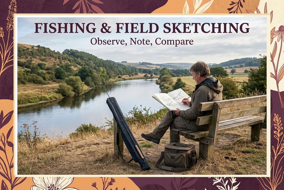 Fishing and Field Sketching cover showing an adult drawing in a sketchbook on a riverside bench, with a rod sleeve and tackle bag nearby.