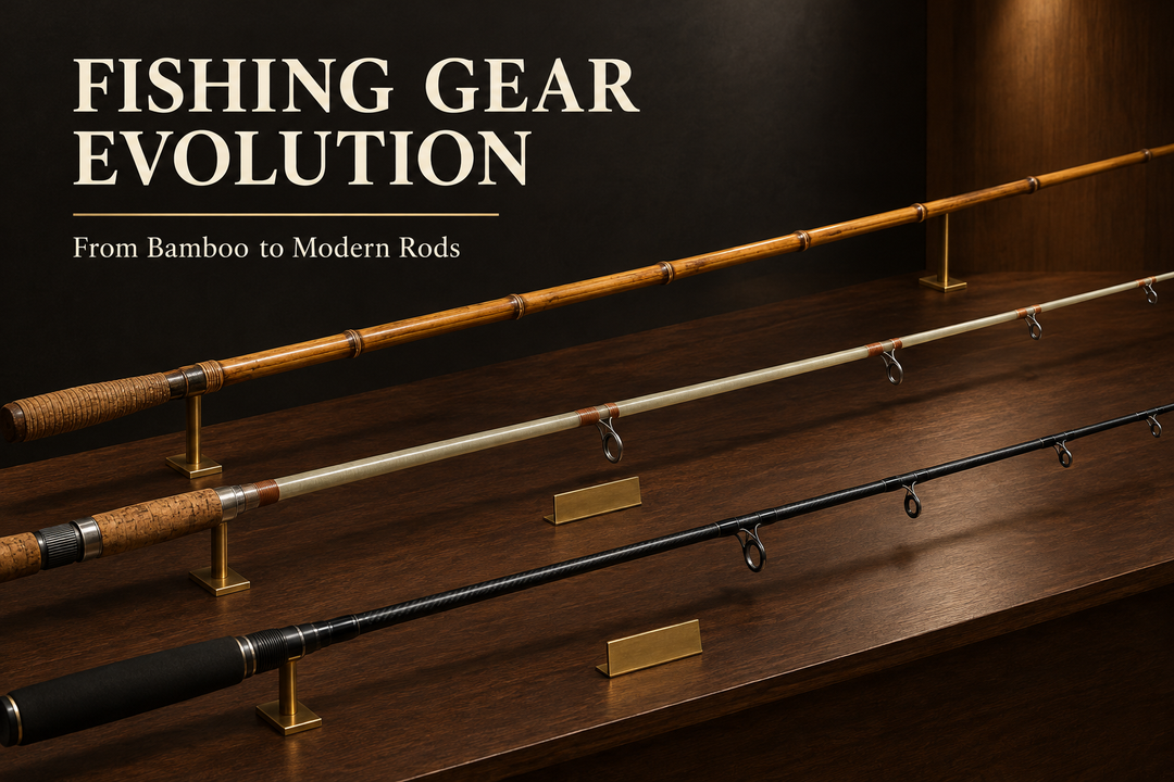 Fishing Gear Evolution cover with bamboo, fiberglass-style and modern black fishing rods arranged in a warmly lit museum-style display.