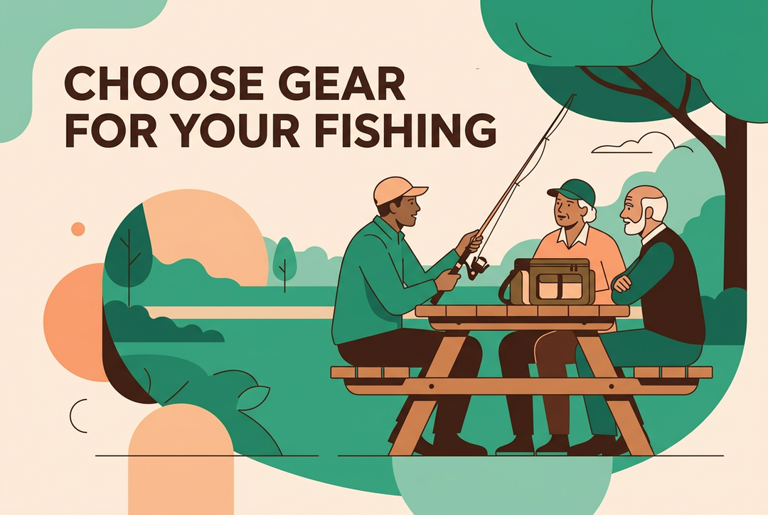 Green and peach illustration of three adult anglers discussing fishing gear at a picnic table under the heading Choose Gear for Your Fishing.