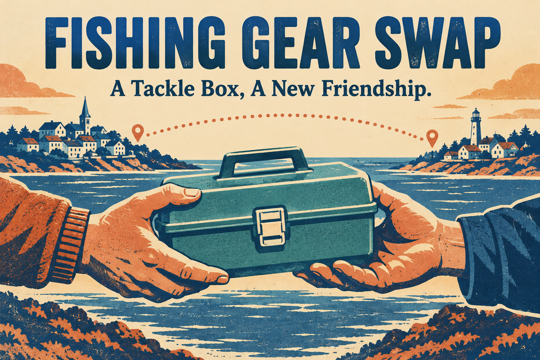Fishing Gear Swap cover illustration showing hands exchanging a closed tackle box between two coastal towns.