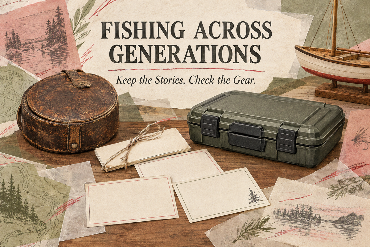 Fishing Across Generations English cover showing conceptual old and modern tackle cases, blank memory cards and a decorative boat model in a rose-and-olive scrapbook style.