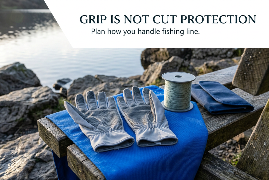 Fishing gloves, a line spool and a closed pouch on a blue cloth beside a rocky lake, headed Grip Is Not Cut Protection.