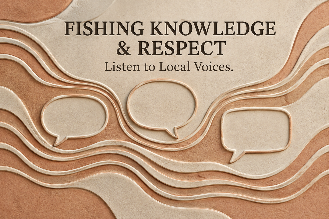 Fishing Knowledge and Respect English cover with abstract water contours and empty conversation shapes in ivory and terracotta relief.