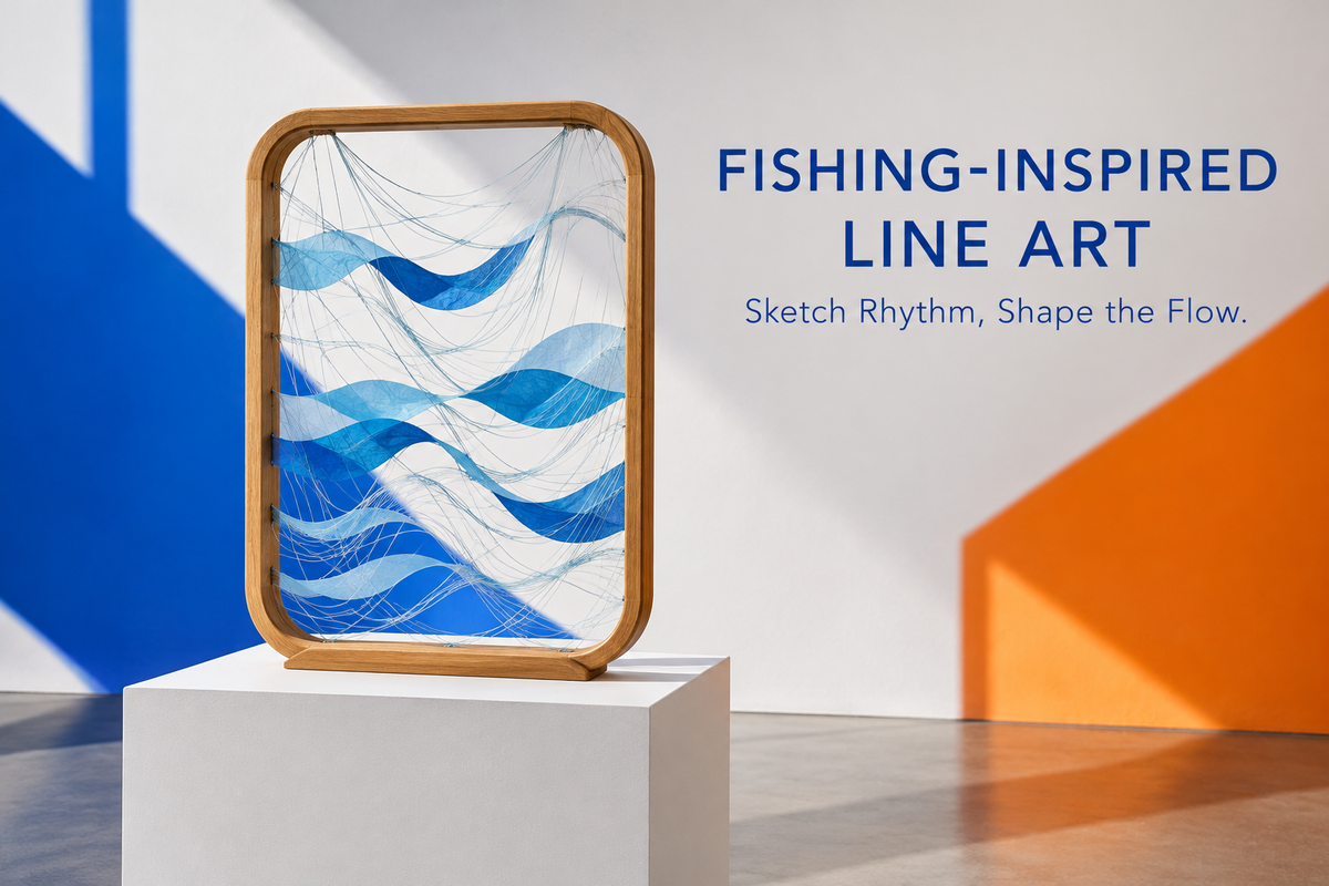 Fishing-Inspired Line Art English cover showing a conceptual rounded display frame with threads and blue wave shapes in a modern gallery.