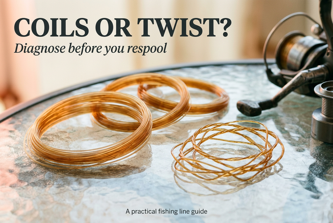 Amber fishing line arranged in broad coils and irregular loops on glass beside a spinning reel, beneath the headline Coils or Twist?