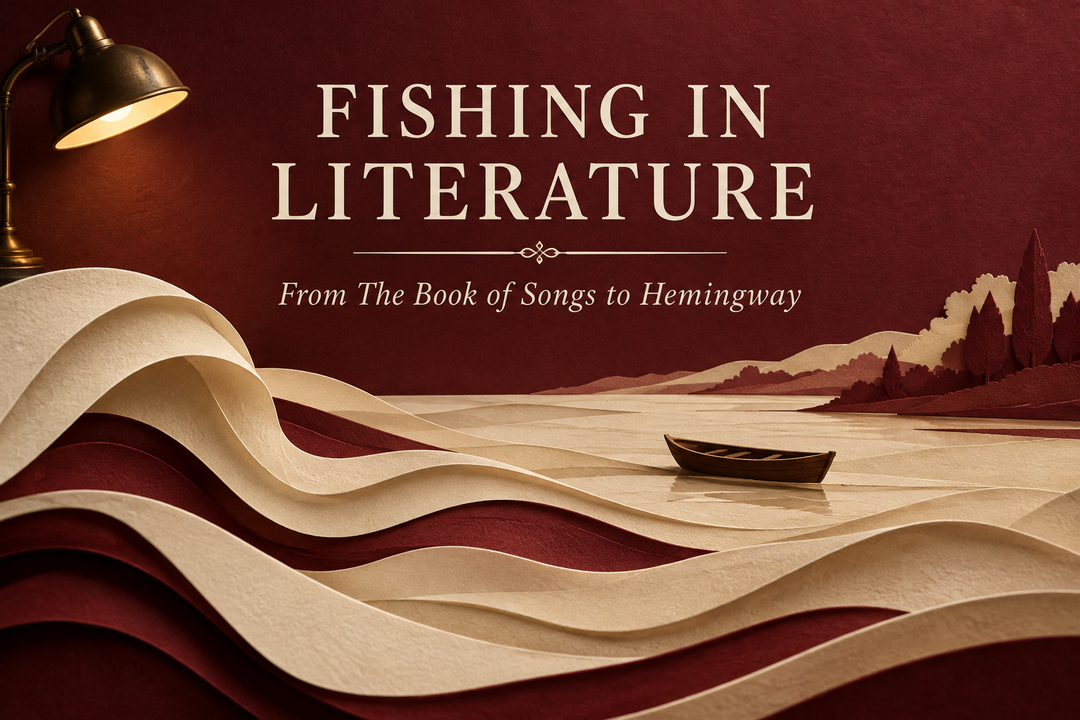 Fishing in Literature English cover with ivory paper waves, a small empty skiff and a reading lamp against a burgundy background.