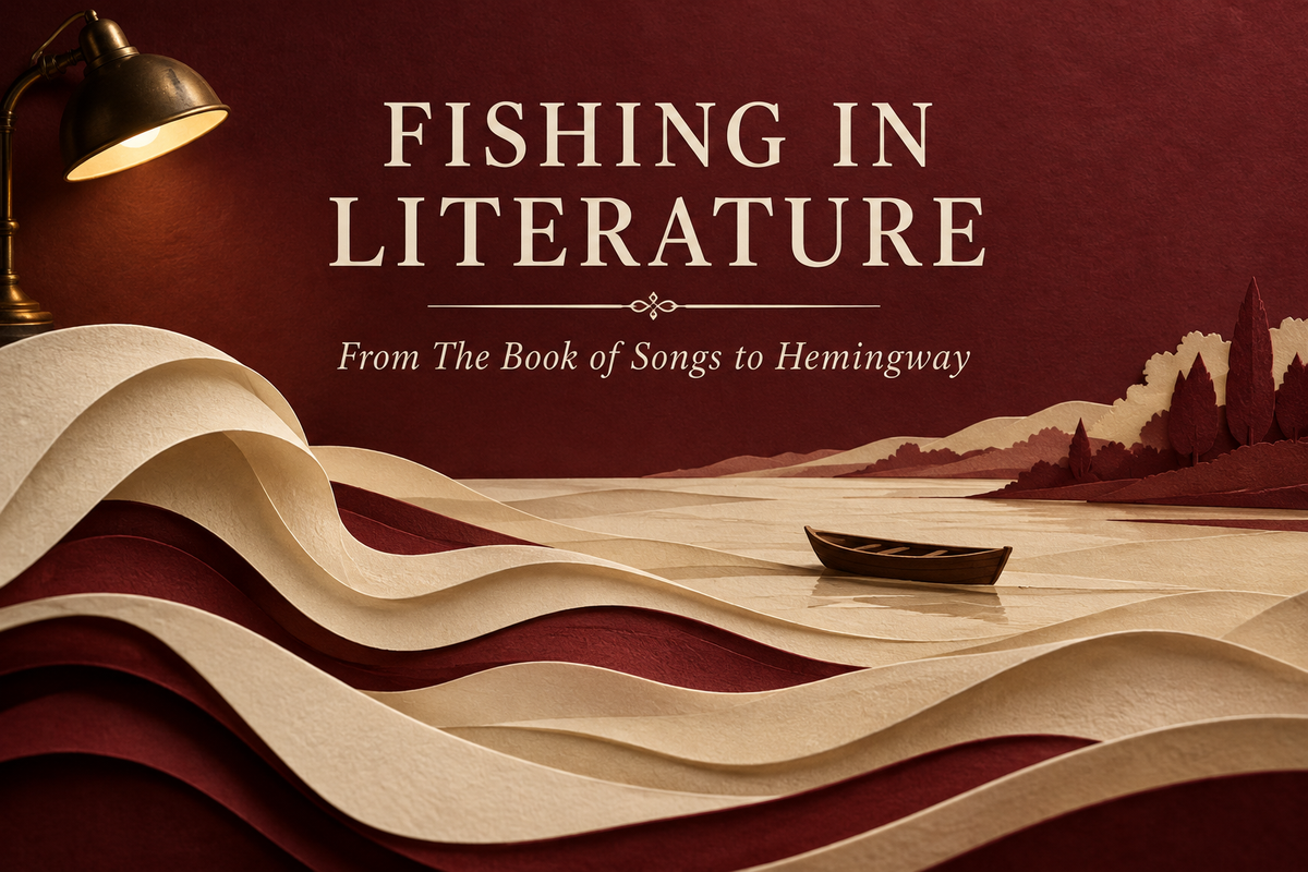 Fishing in Literature English cover with ivory paper waves, a small empty skiff and a reading lamp against a burgundy background.
