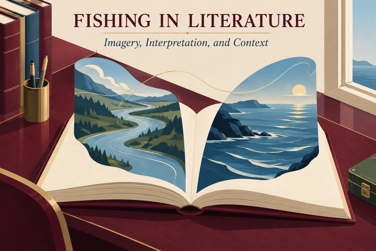 Fishing in Literature English cover showing an imagined open book with river and sea landscapes on a burgundy reading desk, a conceptual illustration rather than a historical edition.