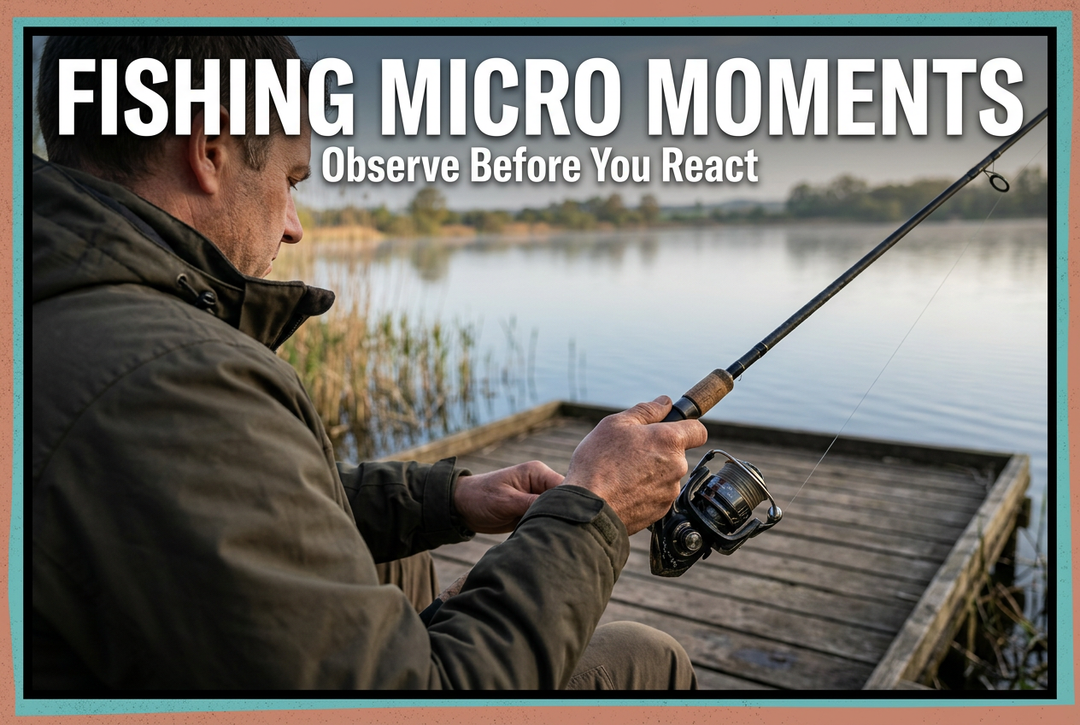 Fishing Micro Moments cover showing an adult examining a generic spinning outfit beside a broad wooden platform and calm water.