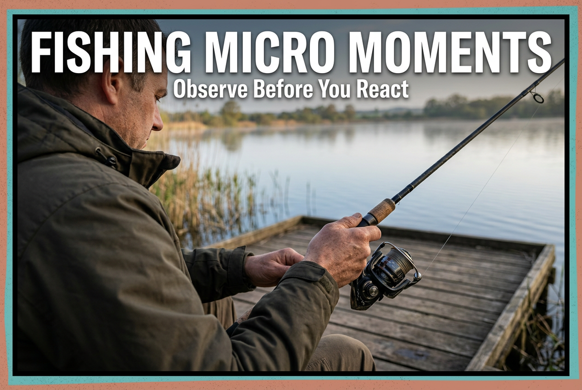 Fishing Micro Moments cover showing an adult examining a generic spinning outfit beside a broad wooden platform and calm water.