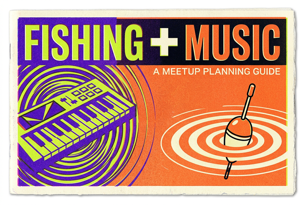 Retro violet, lime and orange illustration of a synthesizer and fishing float beneath Fishing + Music: A Meetup Planning Guide.