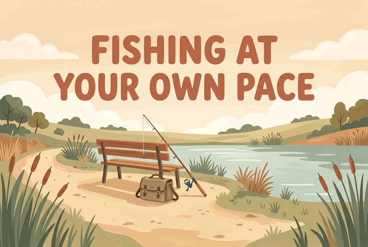 Warm-toned illustration of a lakeside bench, tackle bag and resting fishing rod with the heading Fishing at Your Own Pace.