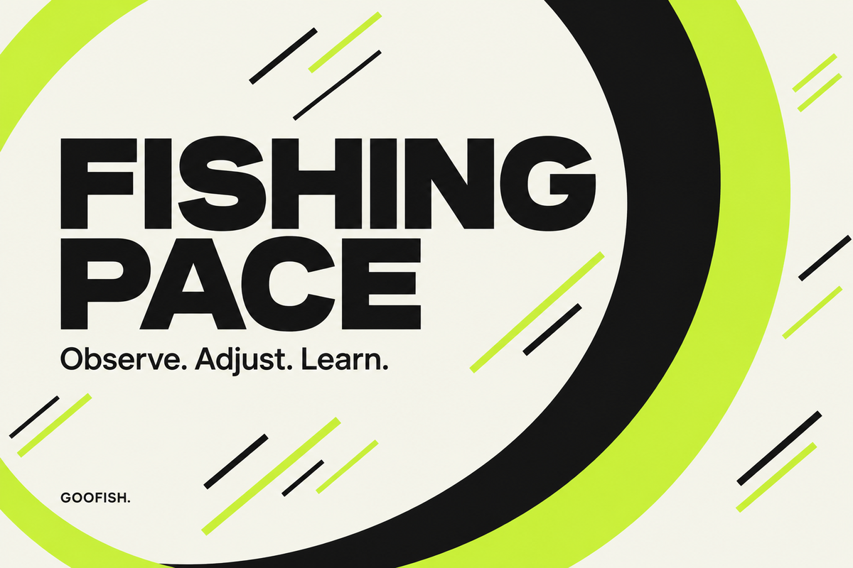 Fishing Pace abstract editorial cover with black and acid-lime circular arcs and diagonal motion marks on ivory