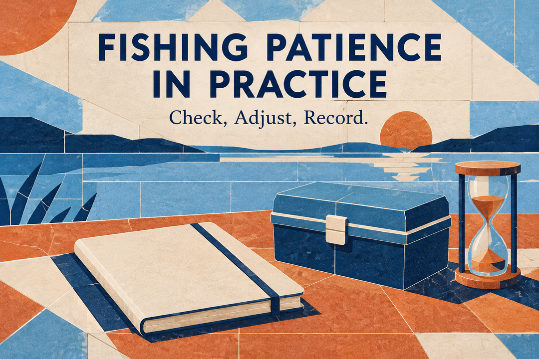 Fishing Patience in Practice English cover with a blank notebook, closed tackle box and hourglass in a terracotta and blue geometric mosaic illustration.