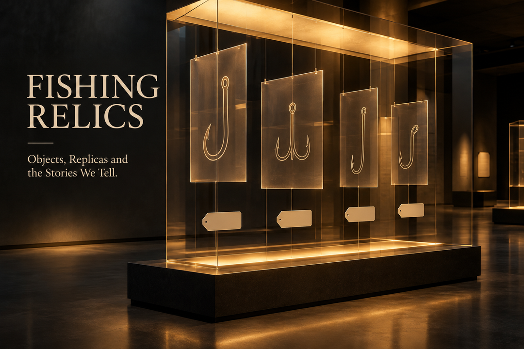Fishing Relics English cover with imagined hook drawings on translucent panels inside an amber-lit conceptual display case, not actual museum artifacts.