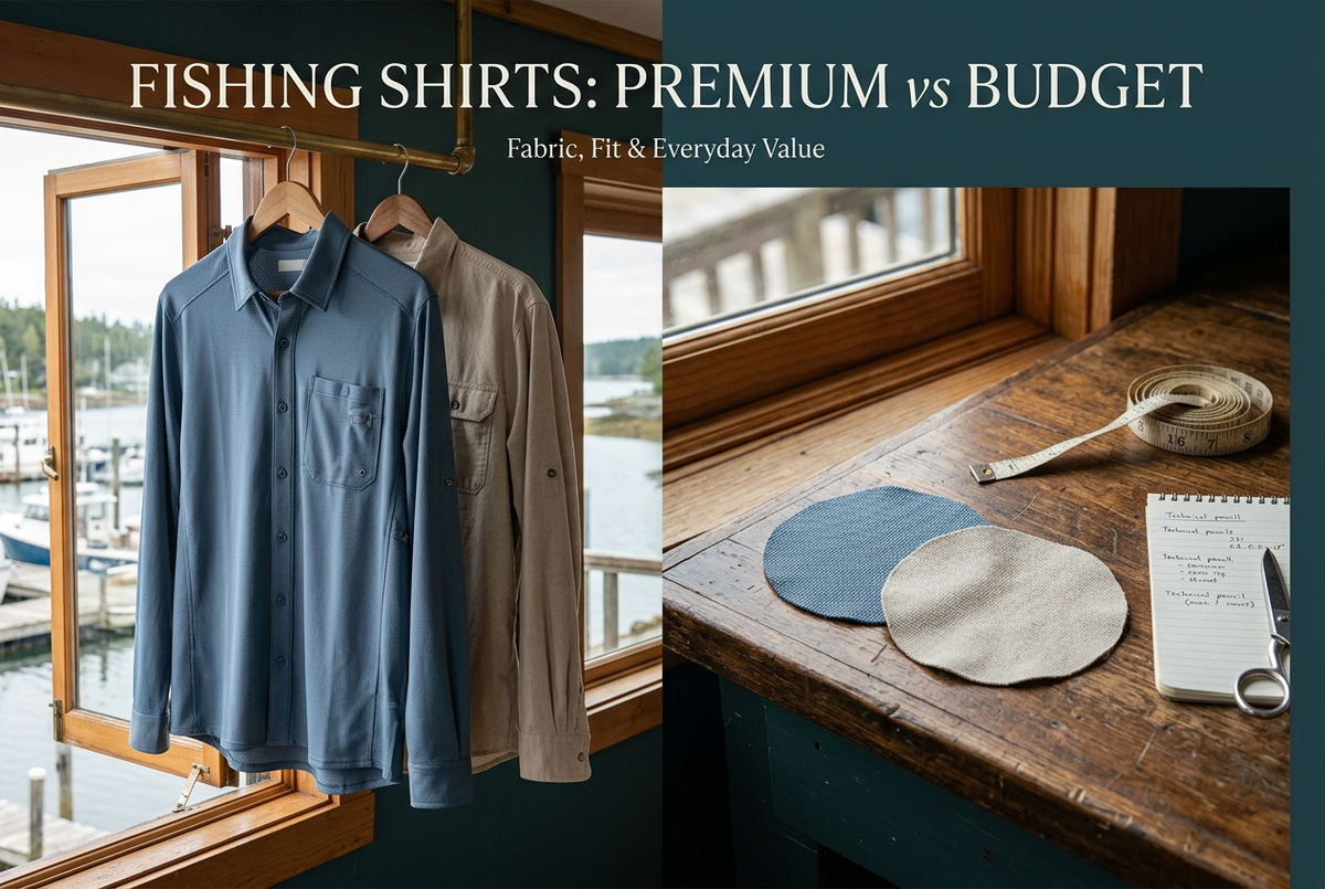 Two fishing shirts displayed beside fabric swatches in a coastal workshop, with the English headline Fishing Shirts: Premium vs Budget.