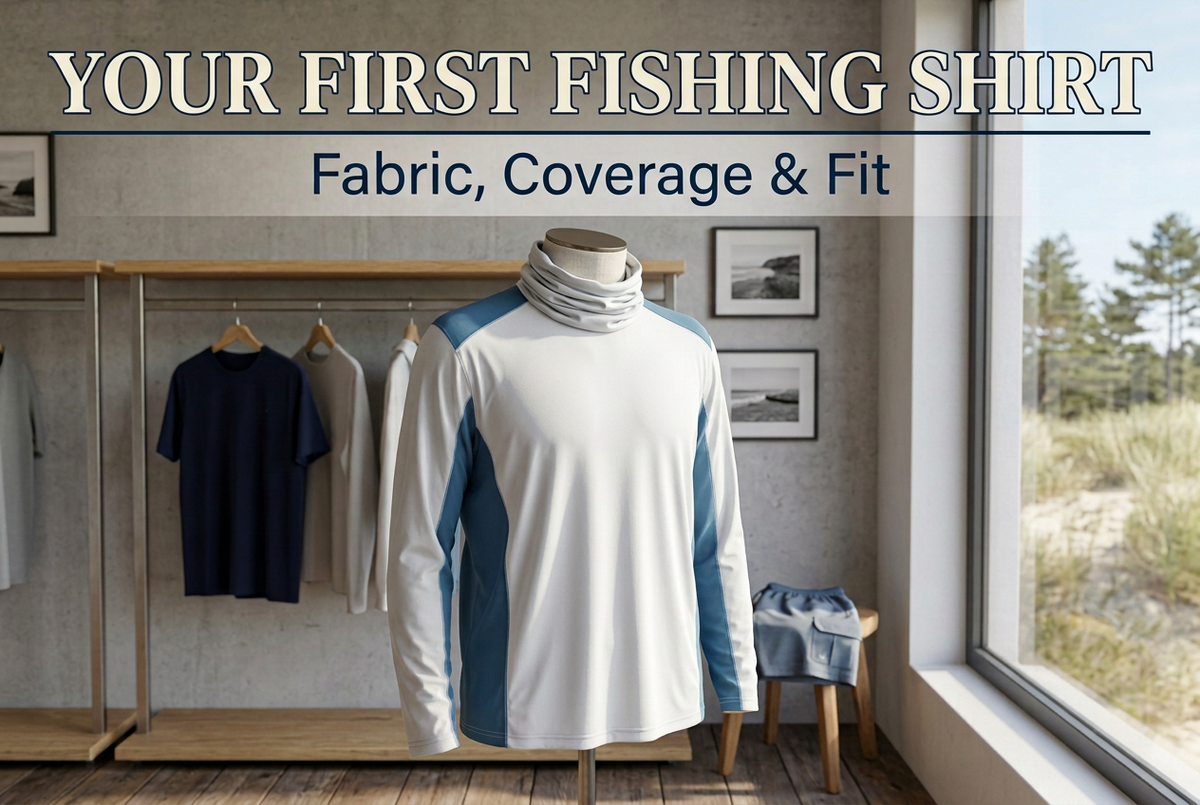 Your First Fishing Shirt cover showing a generic white-and-blue long-sleeve neck-gaiter shirt on a mannequin in a coastal fitting room.