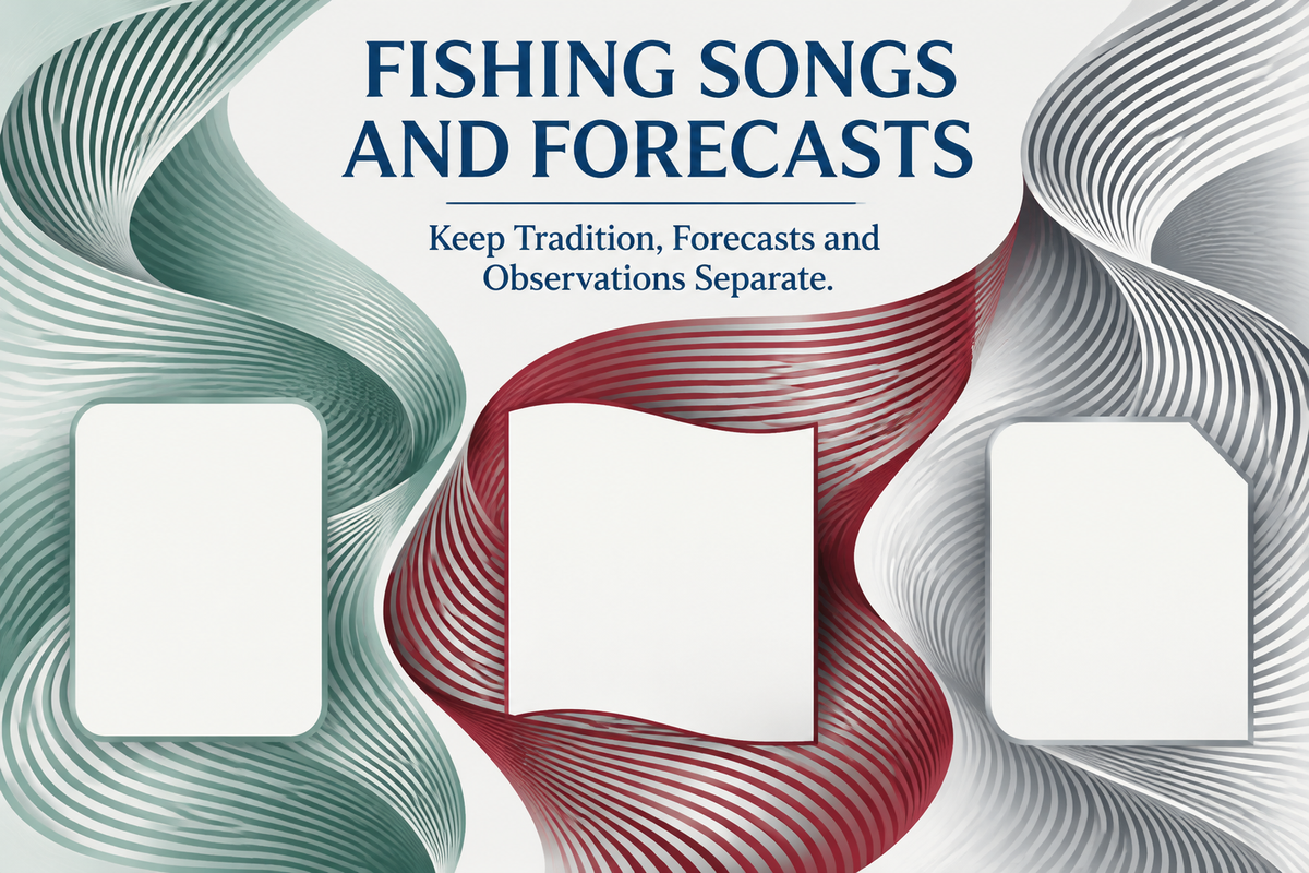 Fishing Songs and Forecasts English cover with blank source cards and abstract moire ribbons in celadon, burgundy and silver.