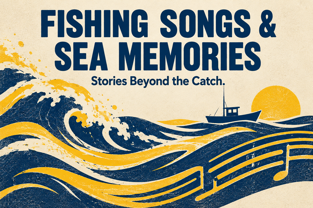 Fishing Songs and Sea Memories English cover in a yellow and blue screenprint style with abstract waves, musical notes and a small boat silhouette.