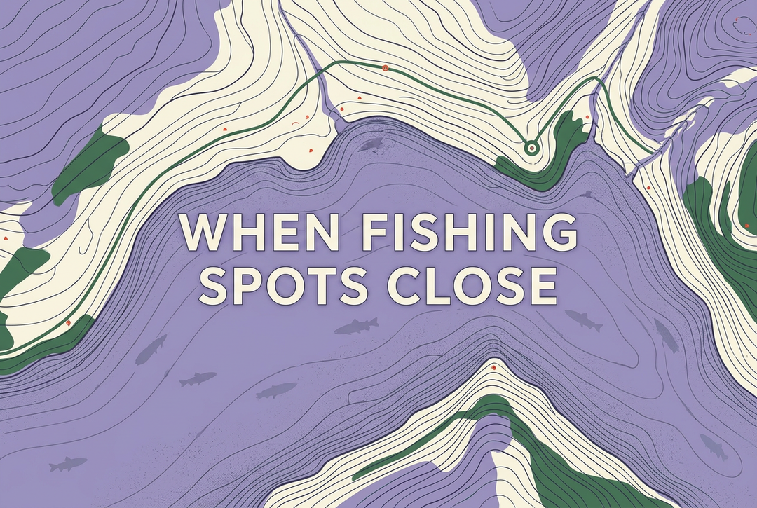 Purple and cream conceptual lake map with contour lines, fish silhouettes and the heading When Fishing Spots Close.