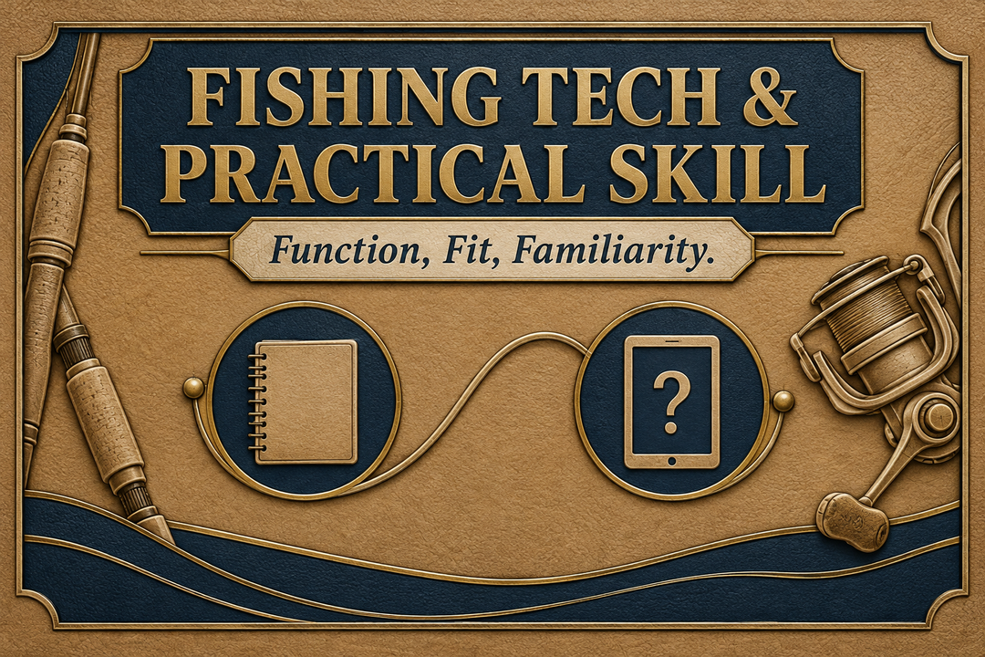 Fishing Tech and Practical Skill English cover with conceptual rod, reel, notebook and question-mark device motifs in tan, navy and brass relief style.