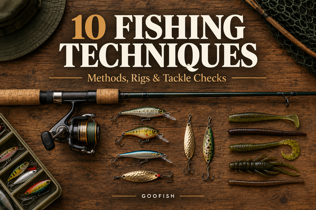10 Fishing Techniques cover showing a generic spinning rod and reel with separate hard lures and soft baits on a wooden workbench