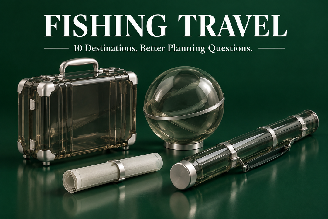 Fishing Travel English cover with conceptual transparent resin luggage, rod case, abstract globe and itinerary against an emerald background.