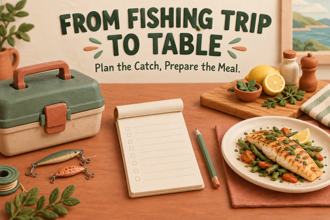 From Fishing Trip to Table English cover in a warm clay illustration style showing a tackle case, planning notebook and a plated fish meal, not a preparation demonstration.
