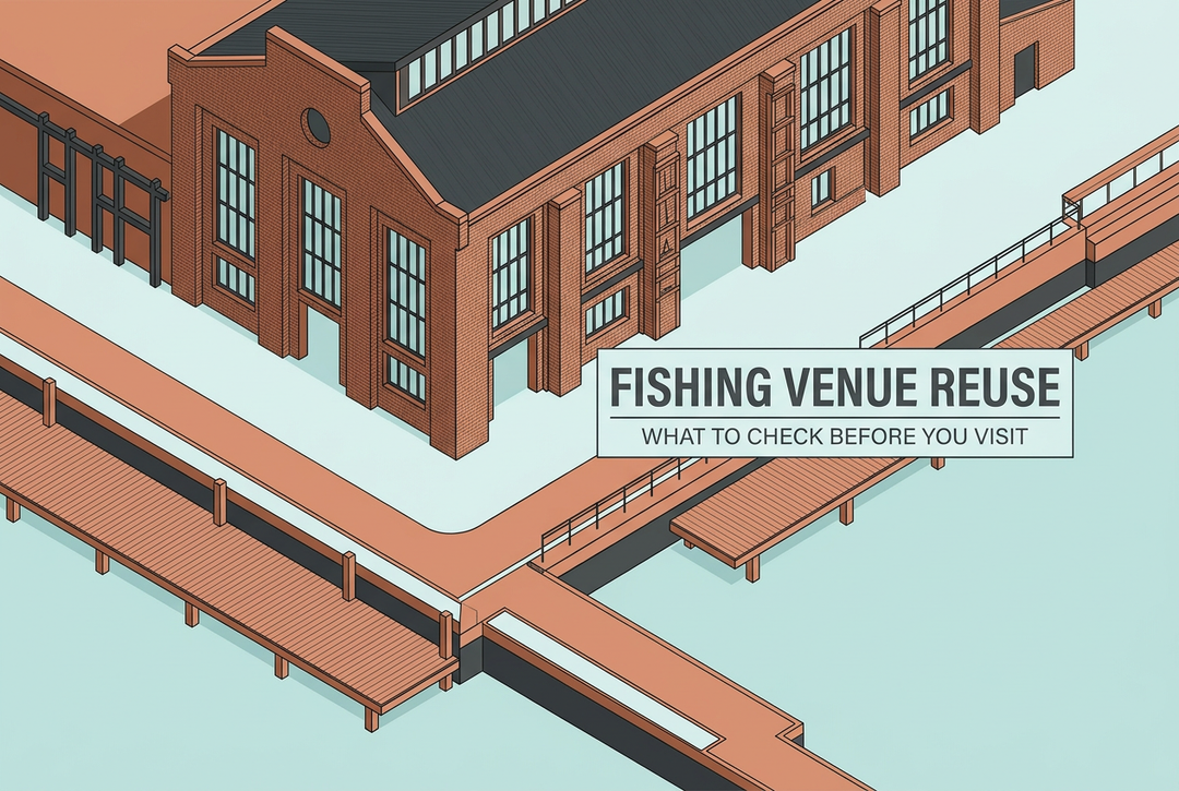 Copper-orange and pale-cyan conceptual illustration of a brick industrial building and waterside decks titled Fishing Venue Reuse: What to Check Before You Visit.
