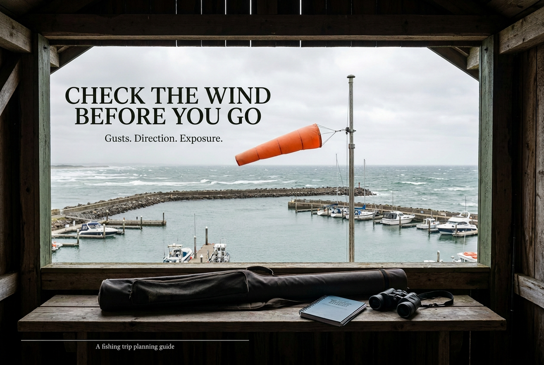 Orange windsock above a coastal marina viewed from a boathouse, with the English headline Check the Wind Before You Go.