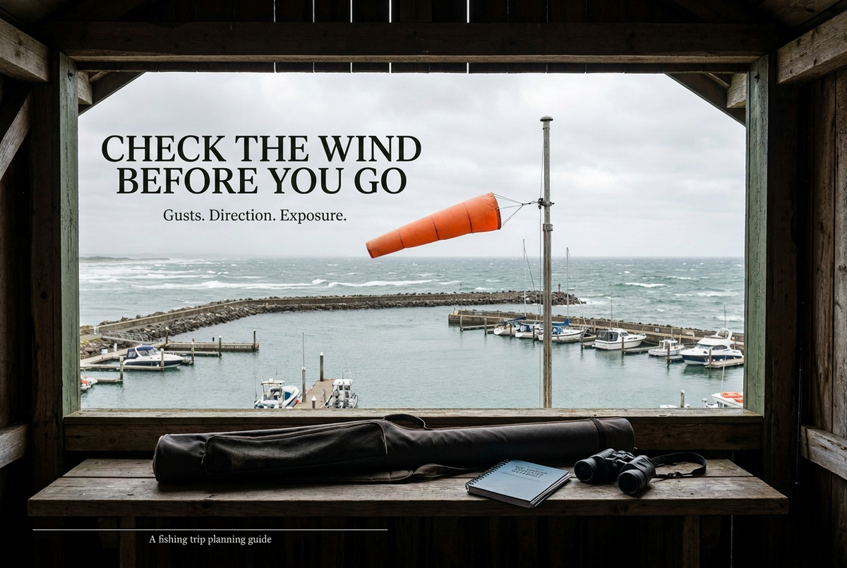 Orange windsock above a coastal marina viewed from a boathouse, with the English headline Check the Wind Before You Go.