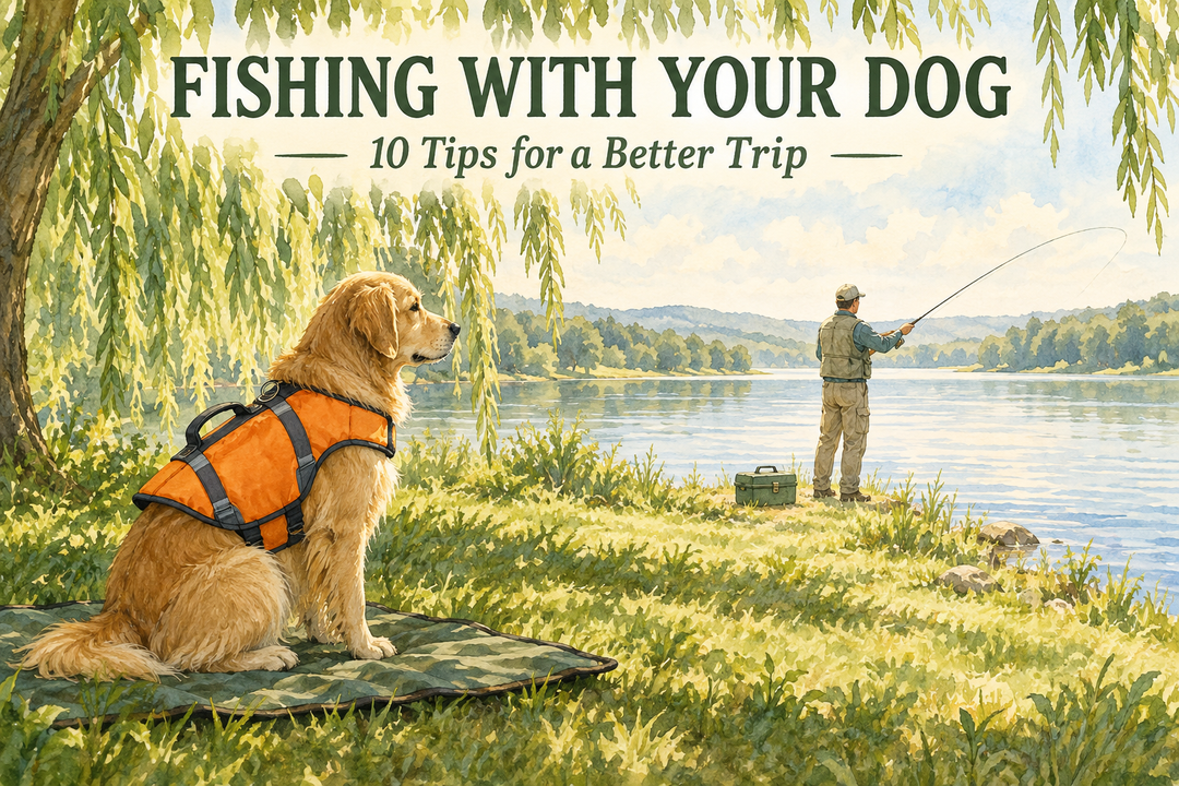 Fishing with Your Dog cover showing a golden retriever in an orange flotation vest resting under a willow while an angler fishes farther along the shore.