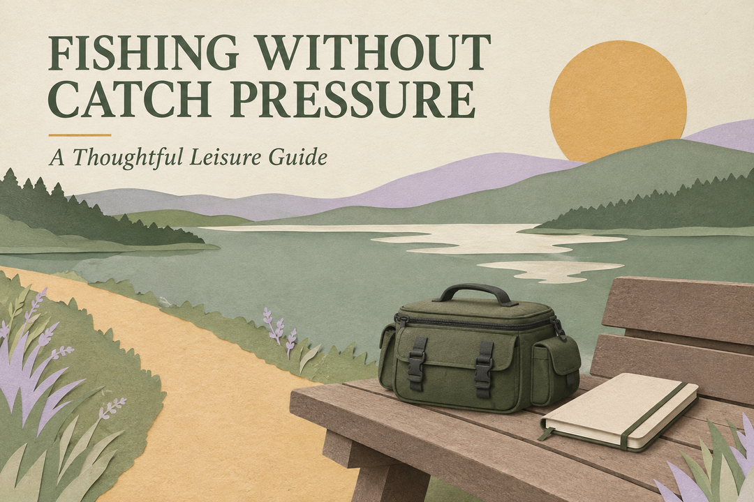 Fishing Without Catch Pressure English cover showing a closed tackle bag and journal on a bench beside a conceptual lake in sage, ochre and lilac paper-collage colors.