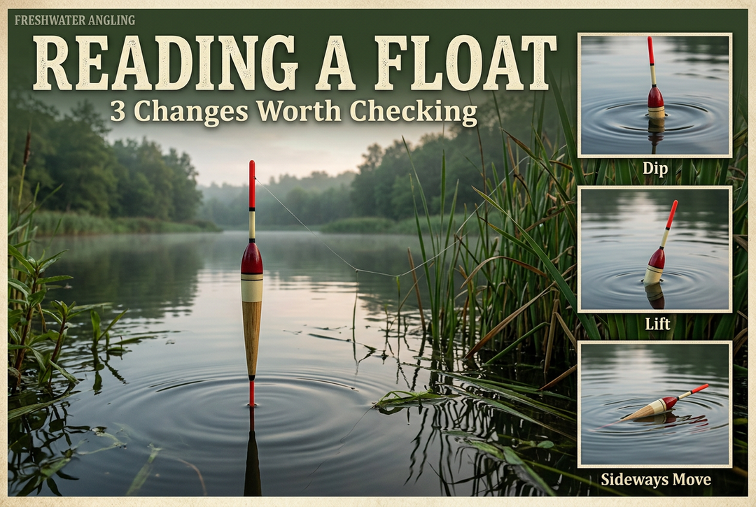Red-tipped fishing float beside lake reeds with three water-detail insets and the English headline Reading a Float: 3 Changes Worth Checking.